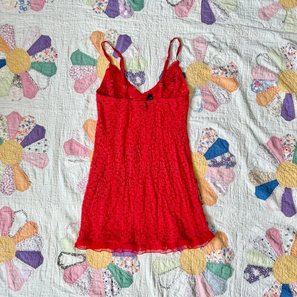 Victorias Secret Red Lace Slip Dress Nightgown Ruffle Hem Med Vintage Style